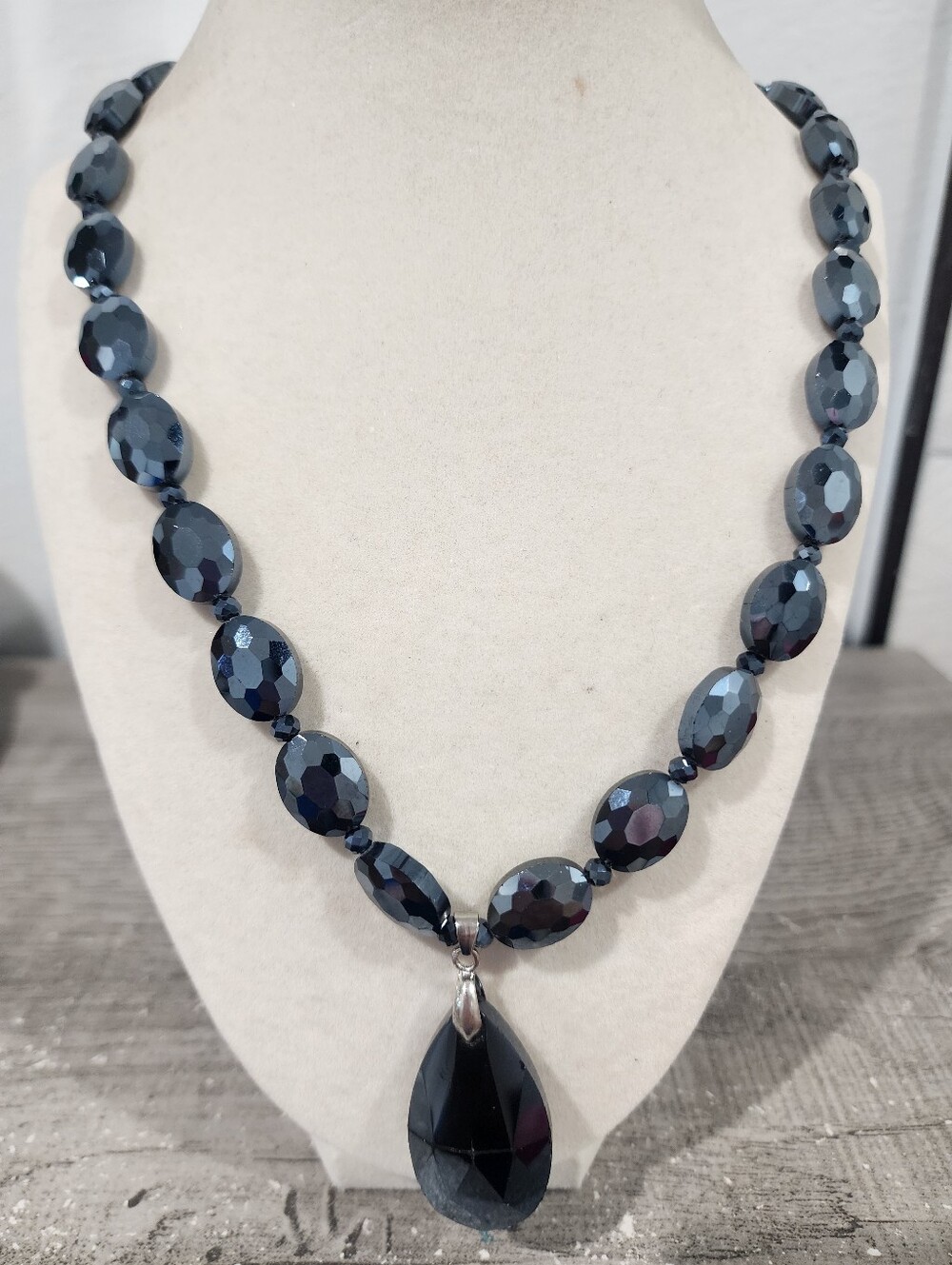 Faceted Hematite Teardrop Pendant Necklace